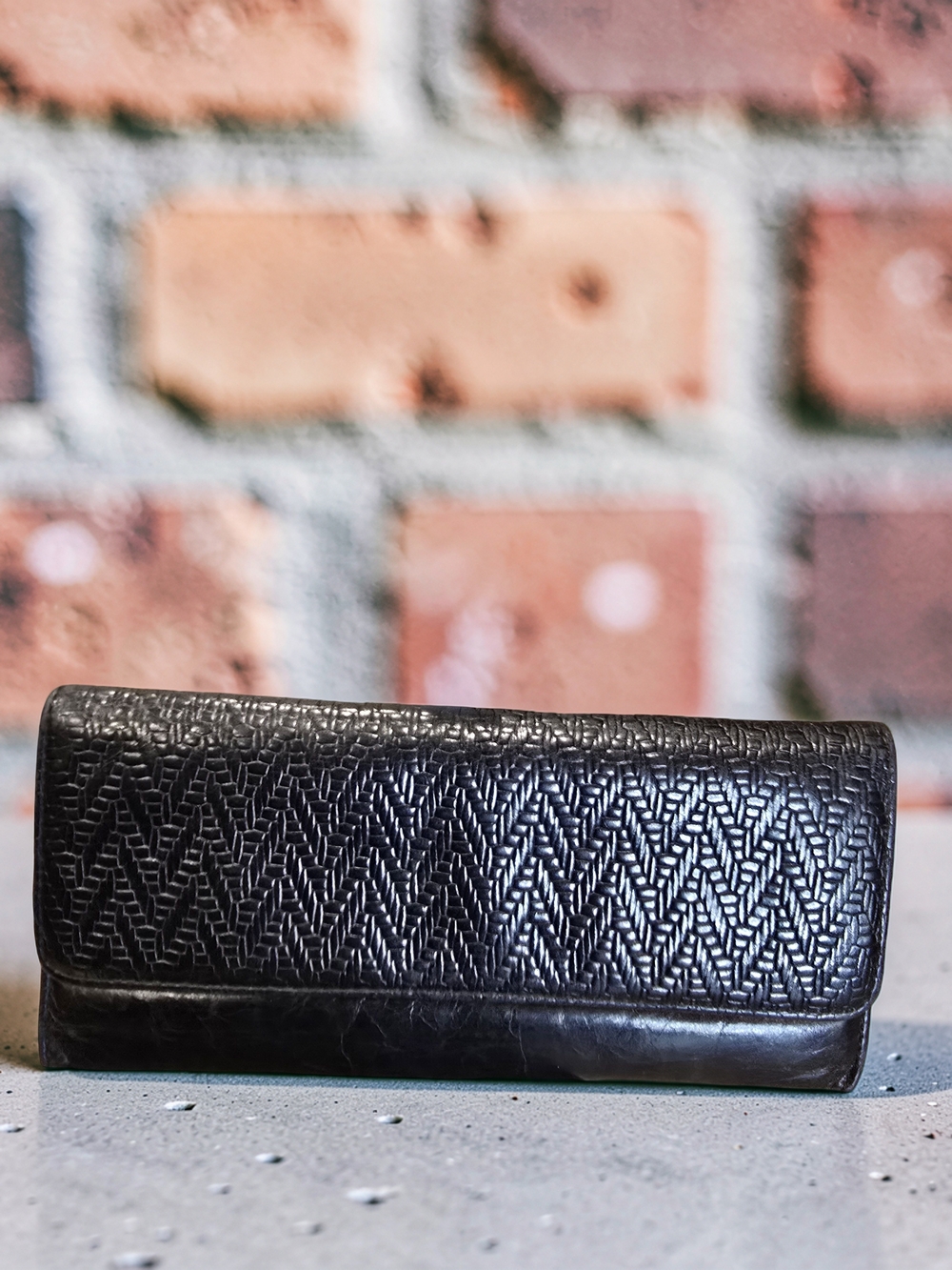 HOBO Black Woven Leather Trifold Continental Clutch Wallet